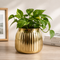 Gold Finish Ribbed Metal Planter – 3.5"