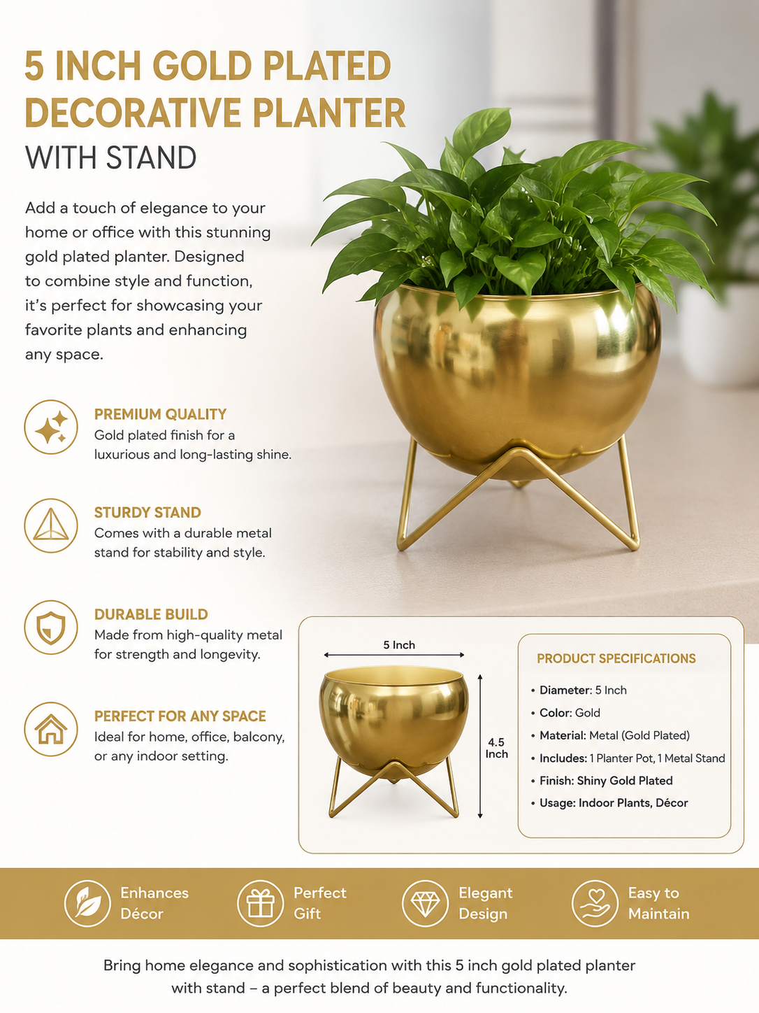 Gold Plated Metal finish Pot with Stand – 5"Diameter - Image 2